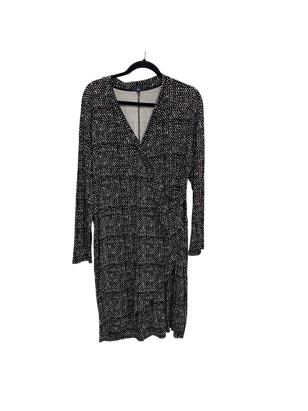 Vtg Gap Faux Wrap Rayon Knit Dress, Black Print Pattern, Knee Length, Size XL